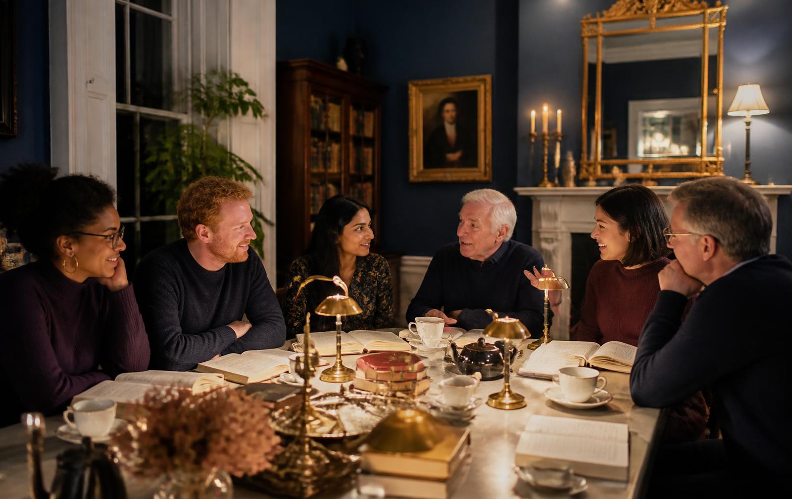 Six readers of different ages sharing books and conversation around a table