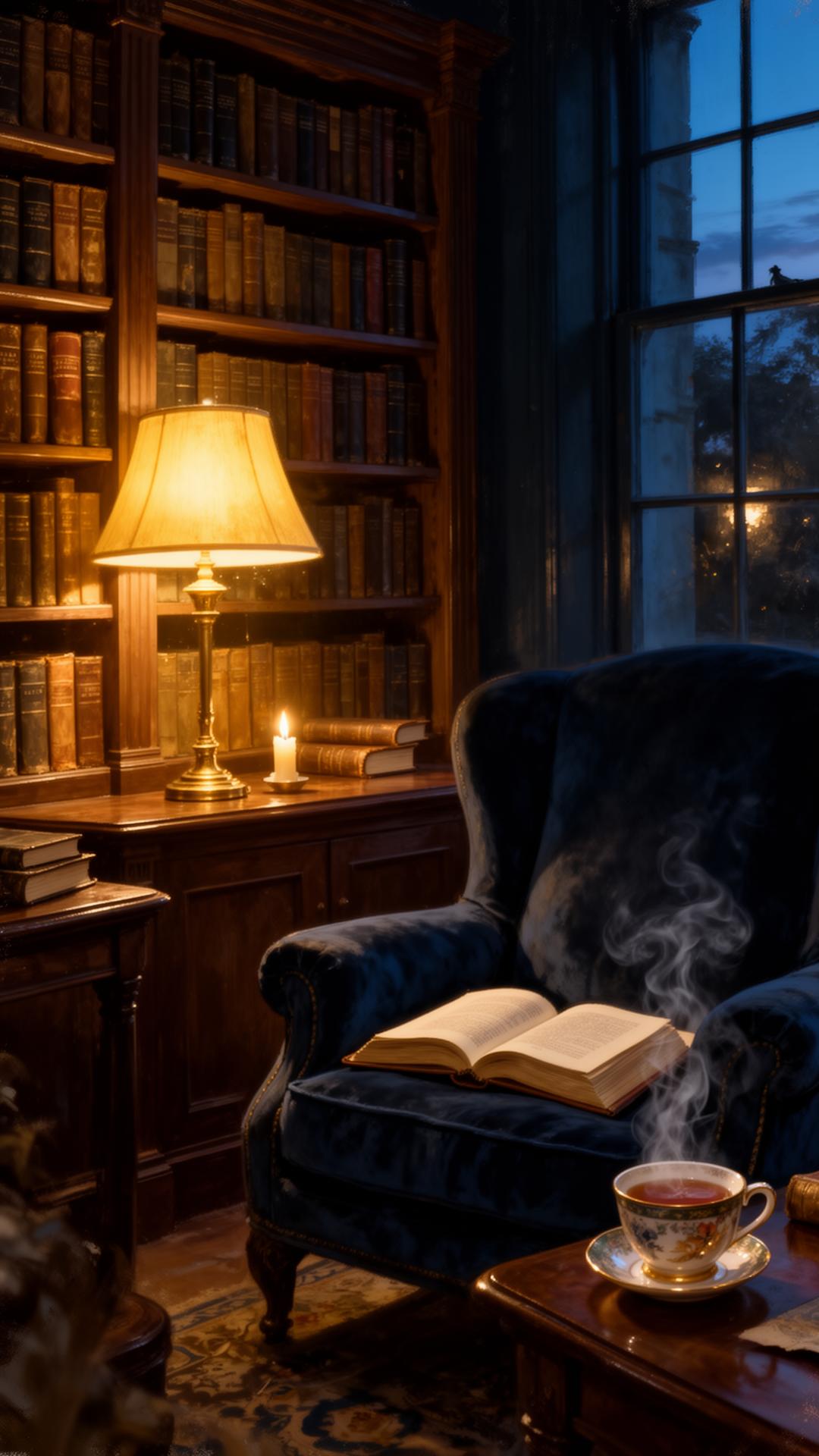 A warm candlelit Irish library scene with leather-bound books, a velvet chair and steaming tea