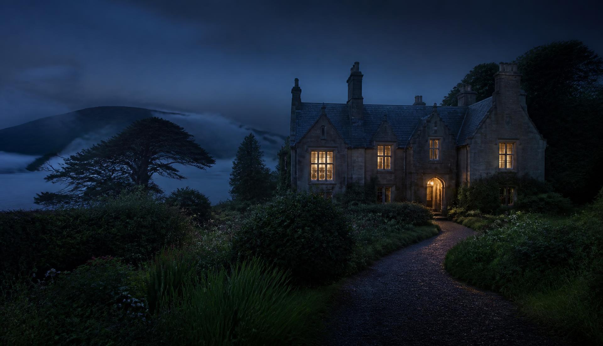 An old Irish country house glowing warmly at dusk