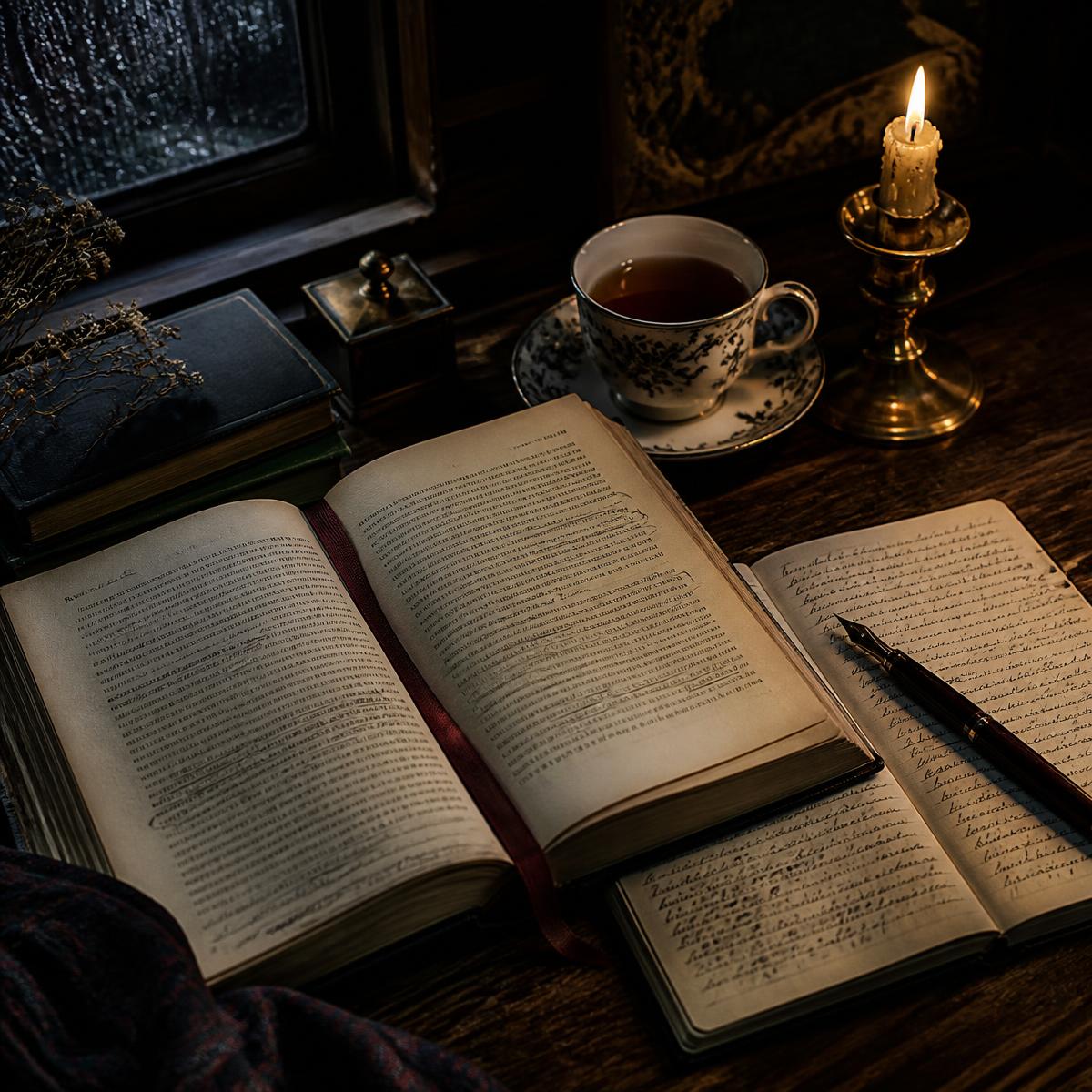 An open annotated novel, notebook and tea by a rain-streaked window